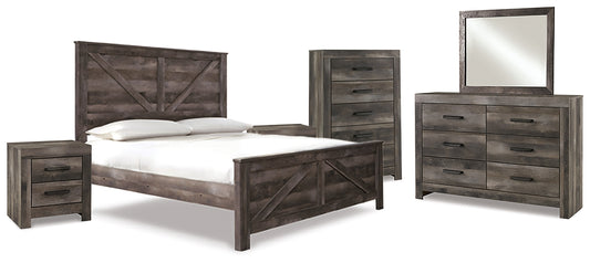 Wynnlow King Crossbuck Panel Bed with Mirrored Dresser, Chest and 2 Nightstands