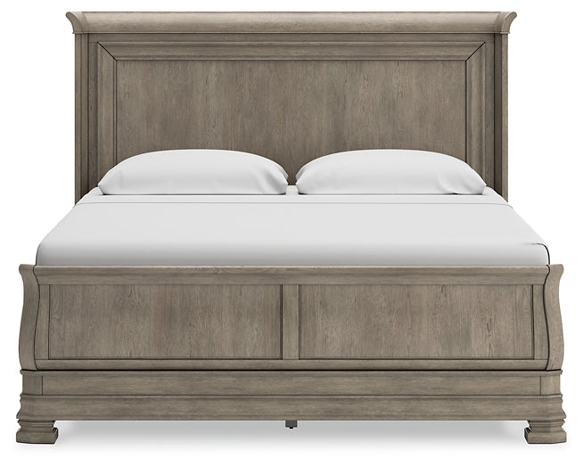 Lexorne California King Sleigh Bed with Mirrored Dresser, Chest and 2 Nightstands
